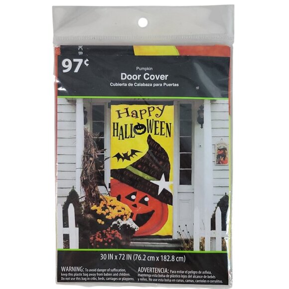 2/$15 Halloween Door Cover Happy Halloween Smiling Pumpkin 30x72" Photo Prop NEW - Picture 1 of 5